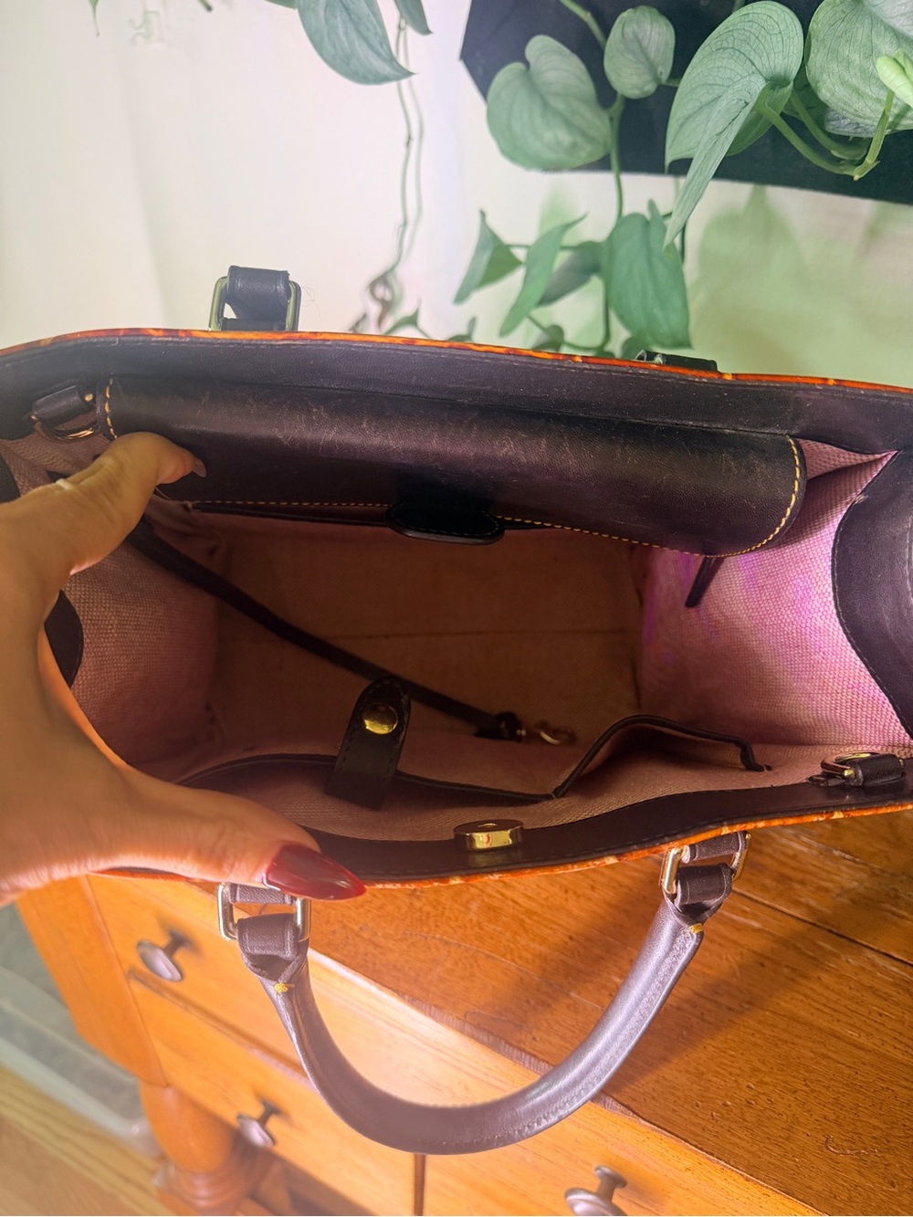 Dooney & Bourke Red Croc-Embossed Leather Tote with Dark Brown Handles - Picture 4 of 4